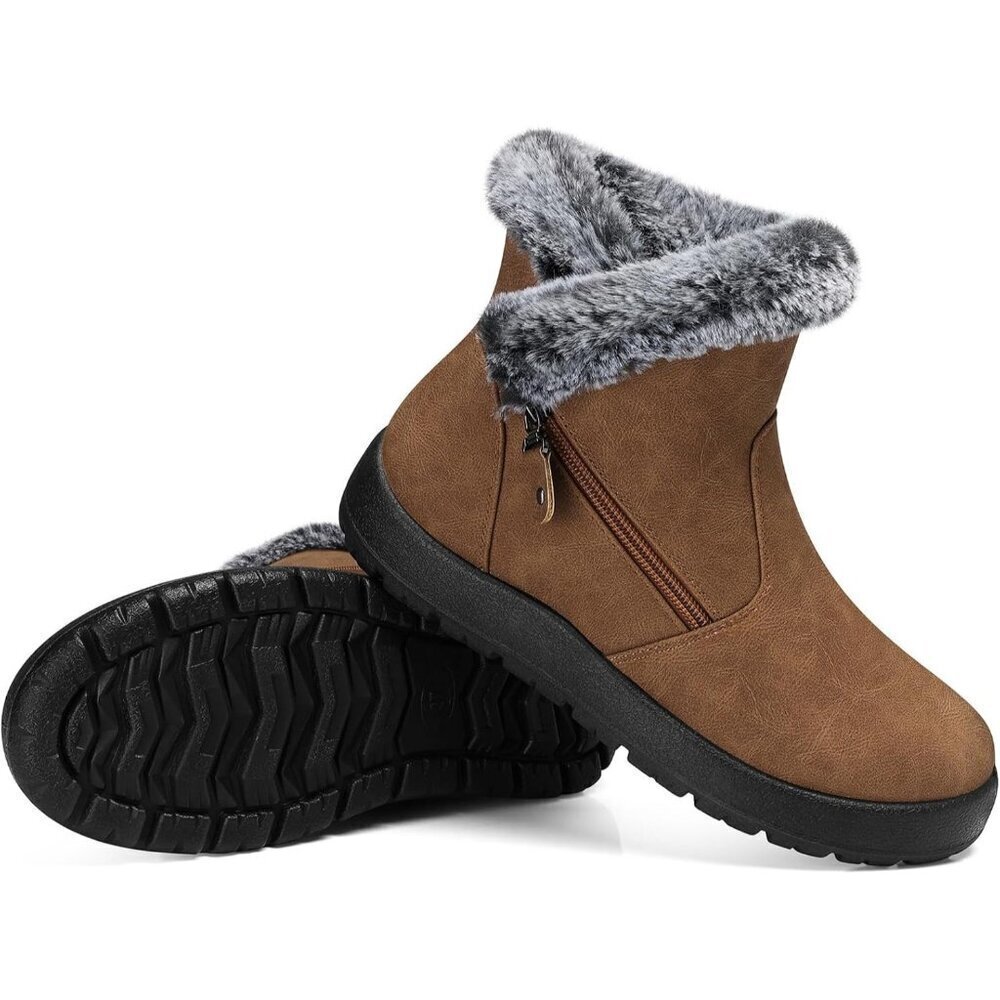 SHIBEVER Women Waterproof Winter Snow Boots Brown Ankle Fur Lined Warm Shoes Pro